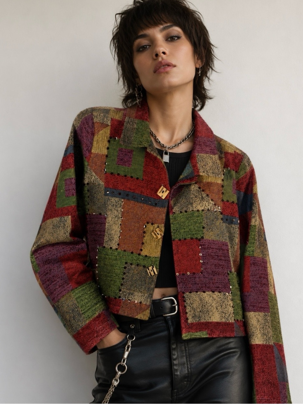 Vintage Alex Kim Patchwork Tapestry Cropped Jacket